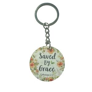 Floral "Saved By Grace" Round Keychain